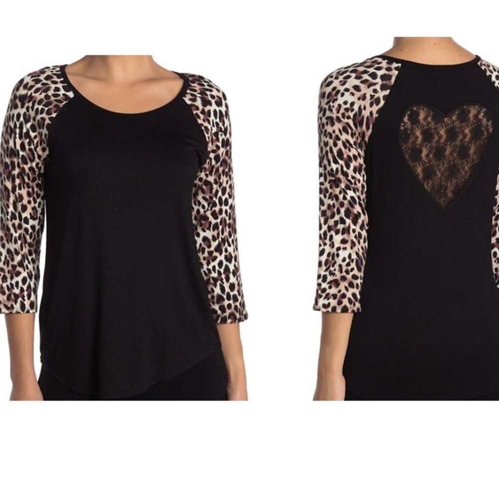Betsey Johnson Sleep Top Black Knit with Lace Heart Back Animal Print Sleeves